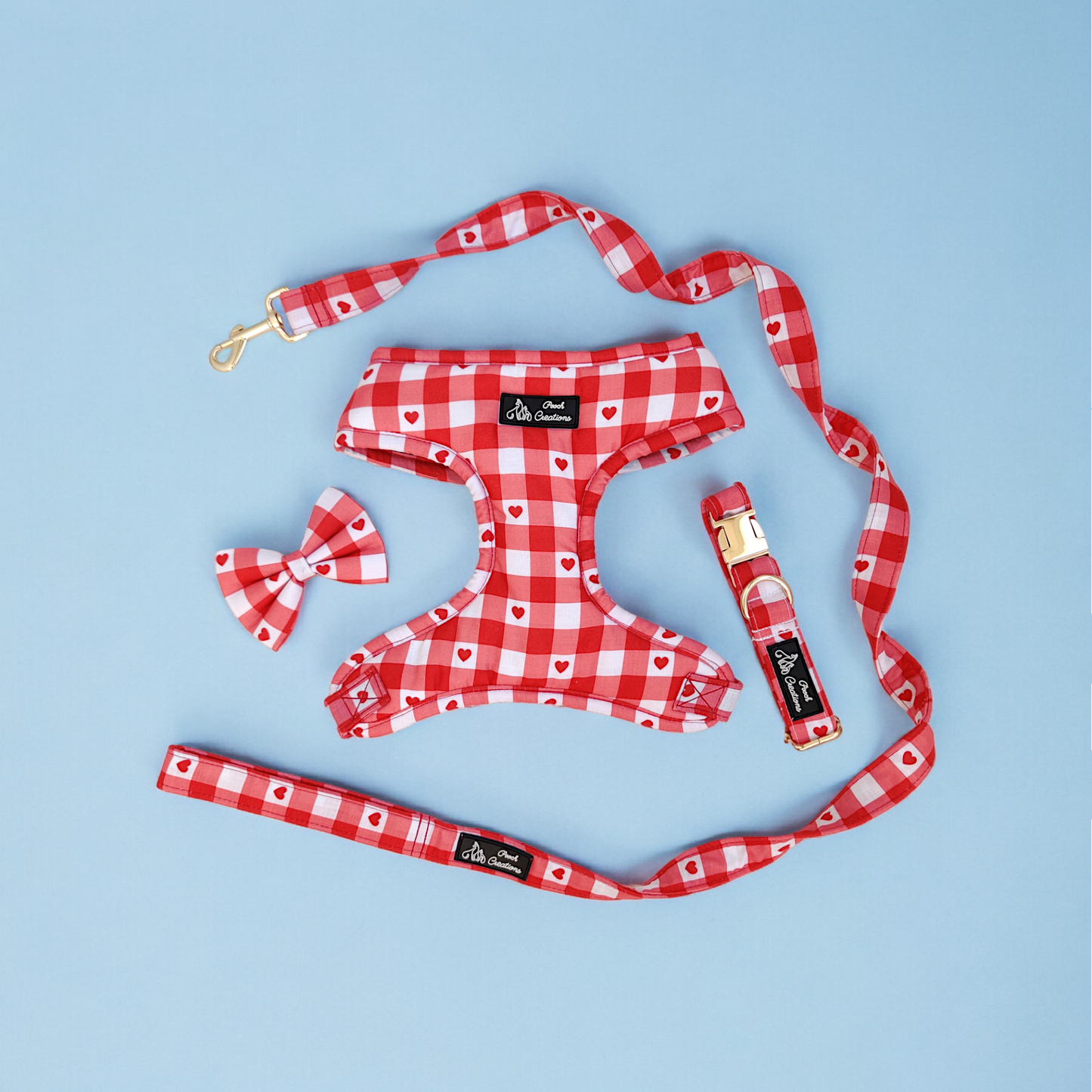 Heartfelt Gingham Harness + Collar + Leash + Classic Bow